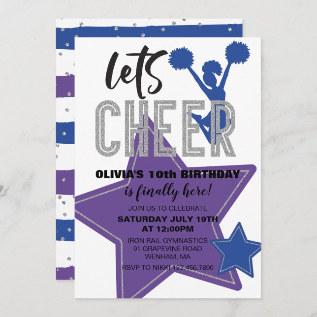 Cheerleading Purple Blue Cheer Birthday Invitation (Front/Back)