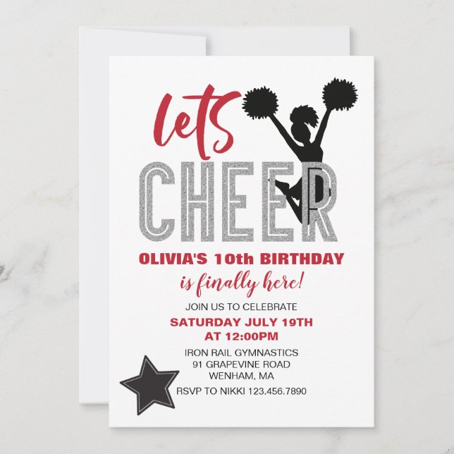 Cheerleading Red, Silver and Black Cheer Birthday Invitation (Front)