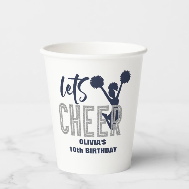 Cheerleading Silver and Navy Cheer Birthday Paper Cups (Front)