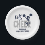 Cheerleading Silver and Navy Cheer Birthday Paper Plate<br><div class="desc">Let's Cheer! Cheerleading birthday party plates in silver glitter and navy blue.</div>