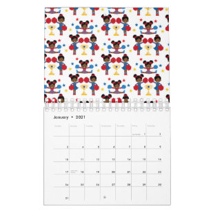 Cheerleading Team Trophy Pom Poms Red Blue Yellow Calendar