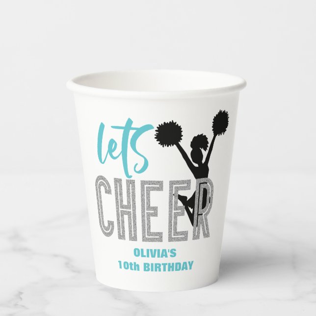 Cheerleading turquoise Silver Black Cheer Birthday Paper Cups (Front)