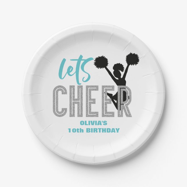 Cheerleading turquoise Silver Black Cheer Birthday Paper Plate (Front)