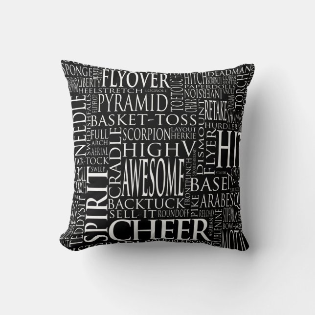 Cheerleading Word Cloud Pillow in Black & White (Front)