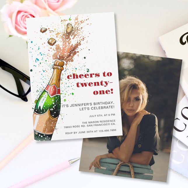 Cheers 21st Birthday Champagne Photo  Invitation (Creator Uploaded)
