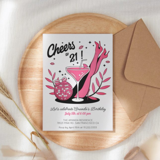 Cheers 21st Birthday Pink and Black Photo Invitation (Creator Uploaded)