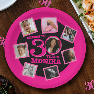Cheers 30th Birthday 8 photo name pink black Paper Plate