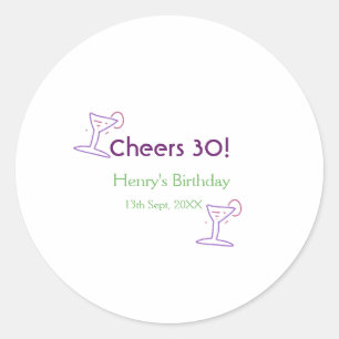 cheers 30th birthday name wine purple glass green  classic round sticker