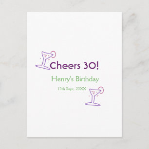 cheers 30th birthday name wine purple glass green postcard