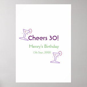 cheers 30th birthday name wine purple glass green poster