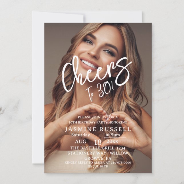 Cheers 30th Modern Photo Birthday For Her  Invitation (Front)