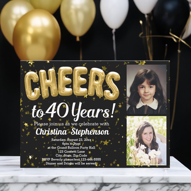 Cheers 40 Years 40th Birthday Then and Now Photo Invitation (then and now photo 40th birthday party invitation)