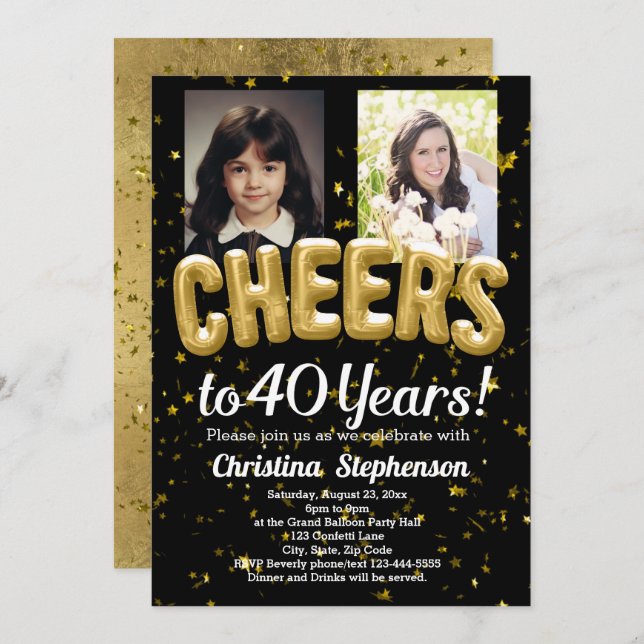 Cheers 40 Years 40th Birthday Then and Now Photo Invitation (Front/Back)