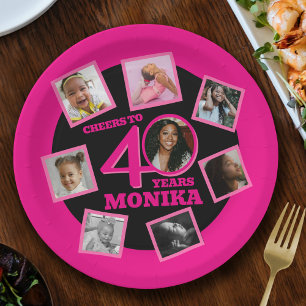 Cheers 40th Birthday 8 photo name pink black Paper Plate