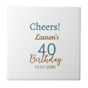 Cheers 40th birthday name date brown turquoise sim ceramic tile
