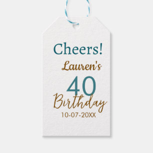 Cheers 40th birthday name date brown turquoise sim gift tags