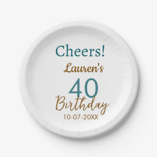 Cheers 40th birthday name date brown turquoise sim paper plate