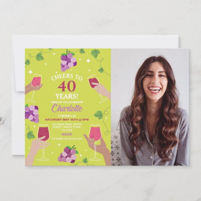Cheers 40th Birthday Wine Tasting Party Photo Invitation (Front)