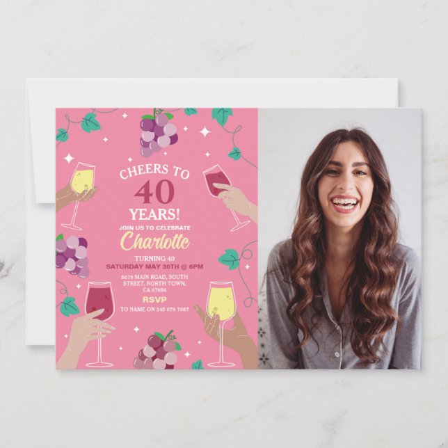 Cheers 40th Birthday Wine Tasting Party Pink Photo Invitation (Front)