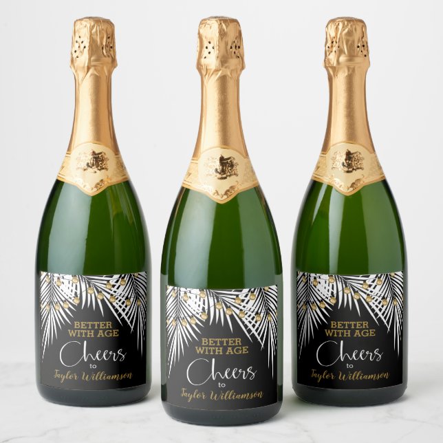 Cheers 50th Birthday Black and Gold Sparkling Wine Label (Bottles)