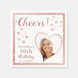 Cheers 50th Birthday Rose Gold White Custom Photo Napkin