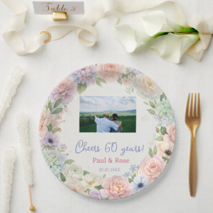 cheers 60 years purple pink pastel floral photo na paper plate