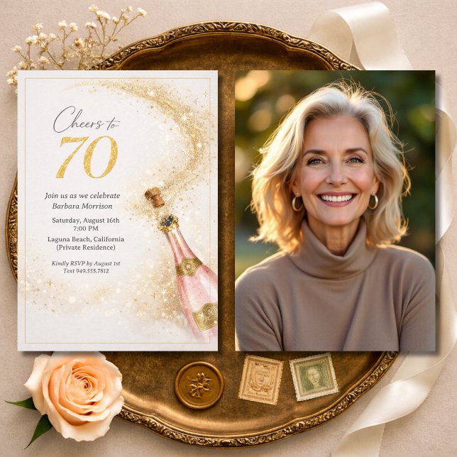 Cheers 70th Birthday Photo Pink Gold Champagne Invitation (Creator Uploaded)