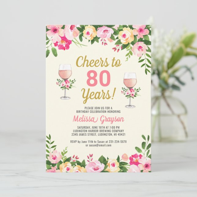 Cheers 80th Birthday Invitation Feminine Floral (Standing Front)