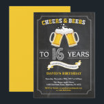 Cheers and Beers 16th Birthday Invitation Card<br><div class="desc">Cheers and Beers 16th Birthday Invitation Card with chalkboard background. 16th 18th 21st 30th 40th 50th 60th 70th 80th 90th 100th. Any Age. For further customisation,  please click the "Customise it" button and use our design tool to modify this template.</div>