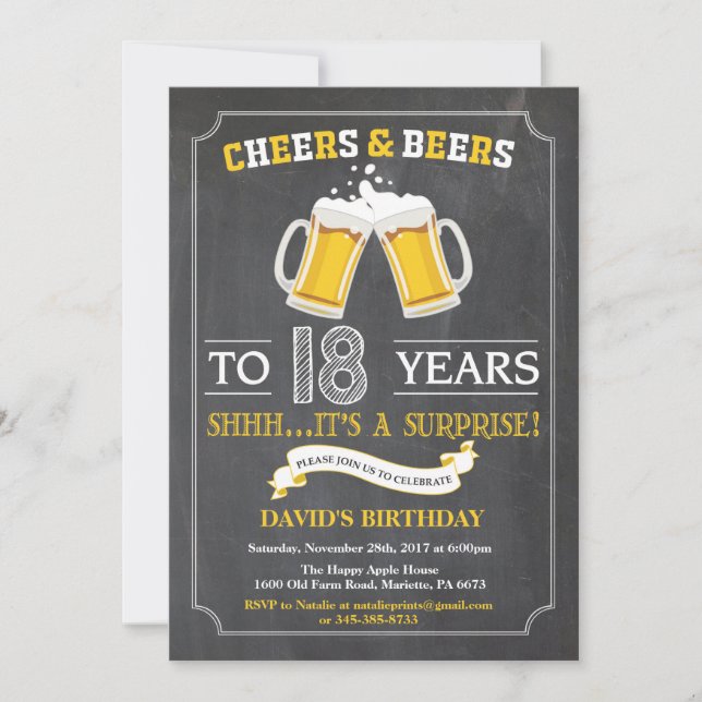 Cheers and Beers 18th Birthday Invitation Card (Front)