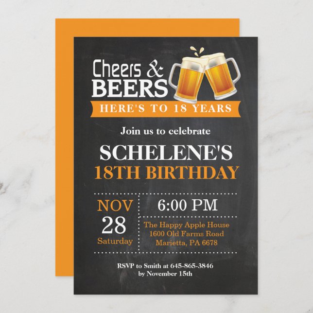 Cheers and Beers 18th Birthday Invitation Card (Front/Back)