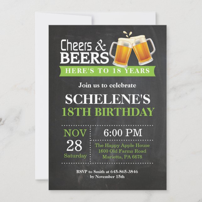 Cheers and Beers 18th Birthday Invitation Card (Front)
