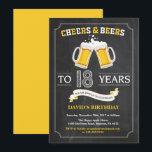 Cheers and Beers 18th Birthday Invitation Card<br><div class="desc">Cheers and Beers 18th Birthday Invitation Card with chalkboard background. 16th 18th 21st 30th 40th 50th 60th 70th 80th 90th 100th. Any Age. For further customisation,  please click the "Customise it" button and use our design tool to modify this template.</div>