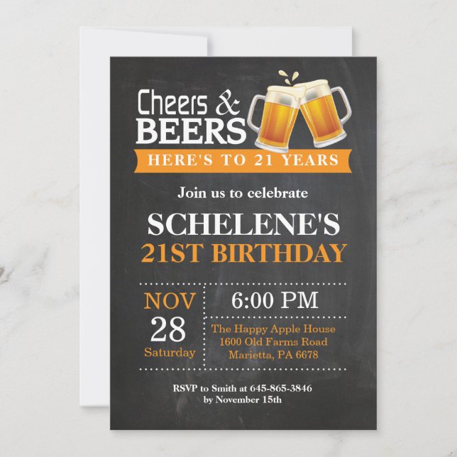 Cheers and Beers 21st Birthday Invitation Card (Front)