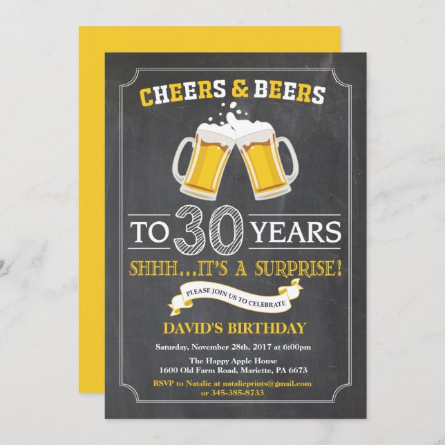 Cheers and Beers 30th Birthday Invitation Card (Front/Back)