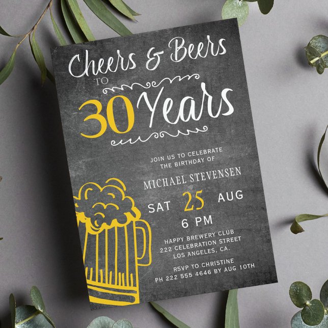 Cheers and beers 30th men chalkboard birthday invitation (Creator Uploaded)
