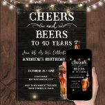 Cheers and Beers 40th Birthday Bar Lights Invitati Invitation<br><div class="desc">Cheers and Beers Birthday Invitations. Easy to personalise. All text is adjustable and easy to change for your own party needs. String lights rustic background elements. Fun Chalkboard swirls and flourishes. Watercolor beer mug. Invitations for him. Bar or backyard BBQ birthday design. Any age,  just change the text.</div>