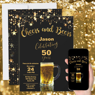 Cheers and Beers 50th Birthday Party Black + Gold Invitation