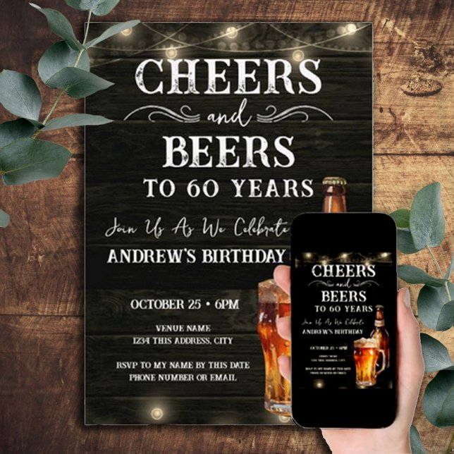 Cheers and Beers 60th Birthday Bar Lights Invitation (Creator Uploaded)