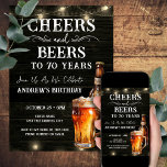 Cheers and Beers 70th Birthday Bar Lights Invitati Invitation<br><div class="desc">Cheers and Beers Birthday Invitations. Easy to personalise. All text is adjustable and easy to change for your own party needs. String lights rustic background elements. Fun Chalkboard swirls and flourishes. Watercolor beer mug. Invitations for him. Bar or backyard BBQ birthday design. Any age,  just change the text.</div>