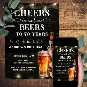Cheers and Beers 70th Birthday Bar Lights Invitati Invitation