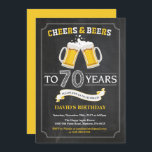 Cheers and Beers 70th Birthday Invitation Card<br><div class="desc">Cheers and Beers 70th Birthday Invitation Card with chalkboard background. 16th 18th 21st 30th 40th 50th 60th 70th 80th 90th 100th. Any Age. For further customisation,  please click the "Customise it" button and use our design tool to modify this template.</div>
