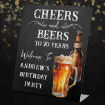 Cheers and Beers 70th birthday Pedestal Sign<br><div class="desc">Rustic Black Chalkboard watercolor beer bottle and pint glass. Rustic Outdoor or bar birthday decore for him. Any age. Easy to personalised template. All text can be adjusted using the design option. Fun,  simple,  casual birthday invites for him.</div>