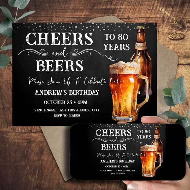 Cheers and Beers 80th Birthday Rustic Invitation (Creator Uploaded)
