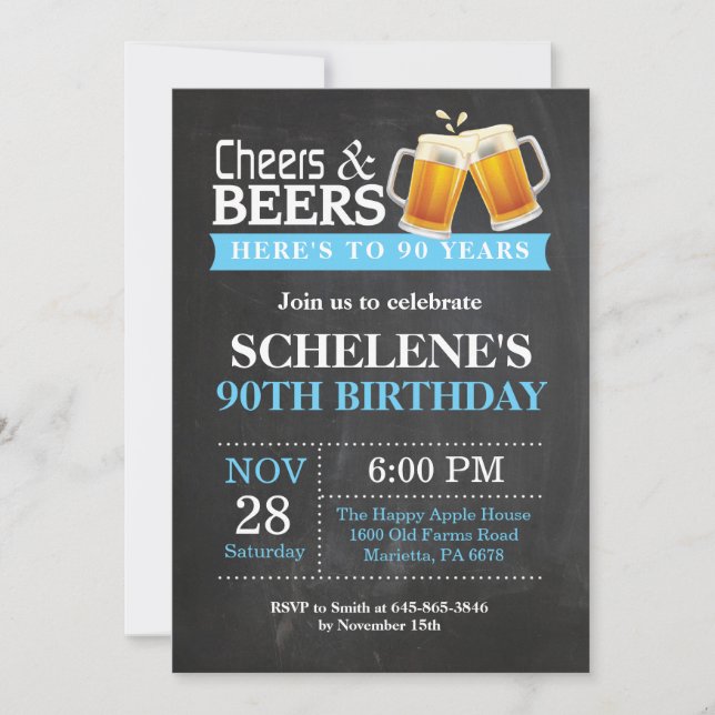 Cheers and Beers 90th Birthday Invitation Card (Front)