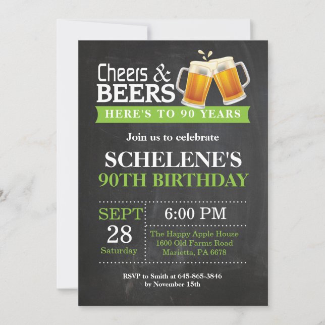 Cheers and Beers 90th Birthday Invitation Card (Front)