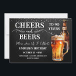 Cheers and Beers 90th Birthday Rustic Invitation<br><div class="desc">Cheers and Beers Birthday Invitations. Easy to personalise. All text is adjustable and easy to change for your own party needs. Chalkboard and rustic background elements. Fun Chalkboard swirls and flourishes. Watercolor beer mug. Invitations for him. Bar or backyard BBQ birthday design. Any age,  just change the text.</div>
