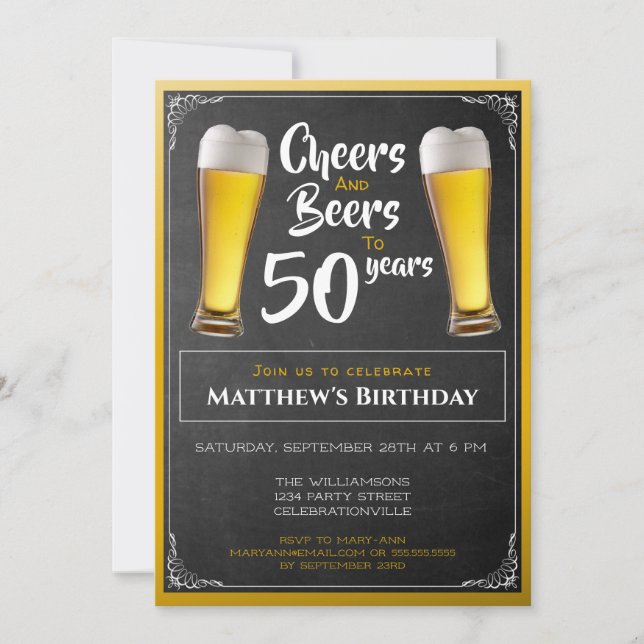 Cheers And Beers Birthday Party Black And Gold Invitation (Front)