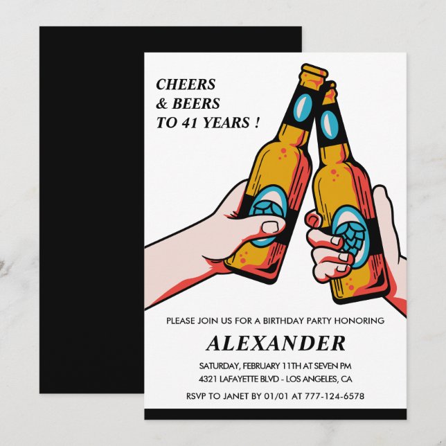 Cheers and Beers Black Rustic Men 41st birthday Invitation