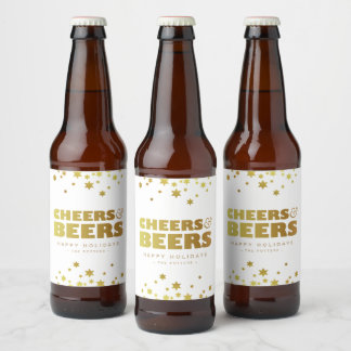 Cheers and Beers | Fun Christmas White & Gold  Beer Bottle Label